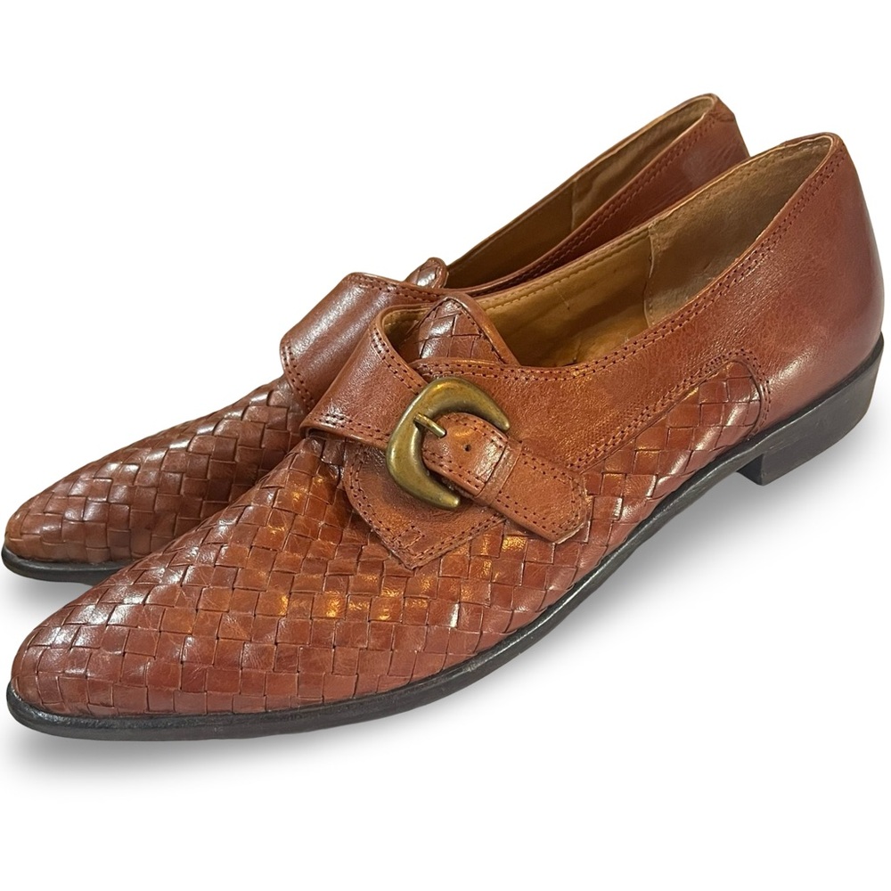 Vintage Bandolino Cognac Woven Leather Collegiate Buckle Loafer Size 8 Narrow
